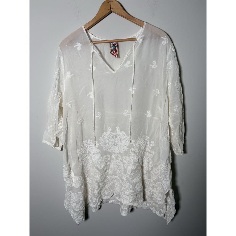 Johnny Was Tunic Top White Embroidered Boho Peasant Blouse 3/4 Sleeve Large